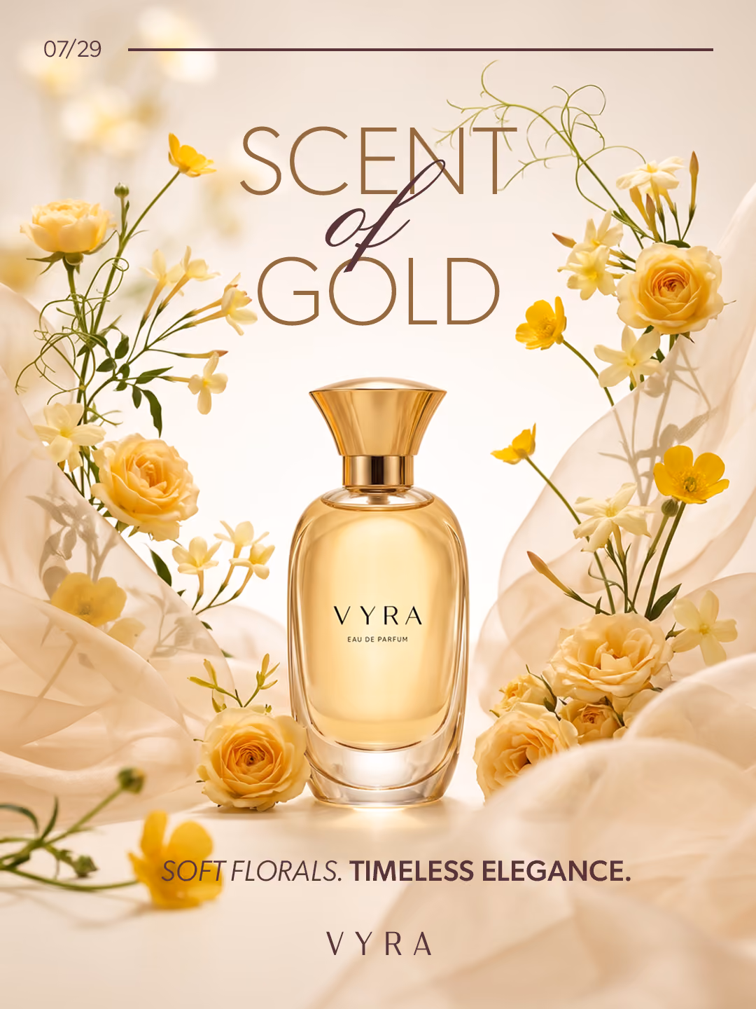 Perfume bottle labeled VYRA surrounded by soft yellow flowers and sheer fabric with the text Scent of Gold.