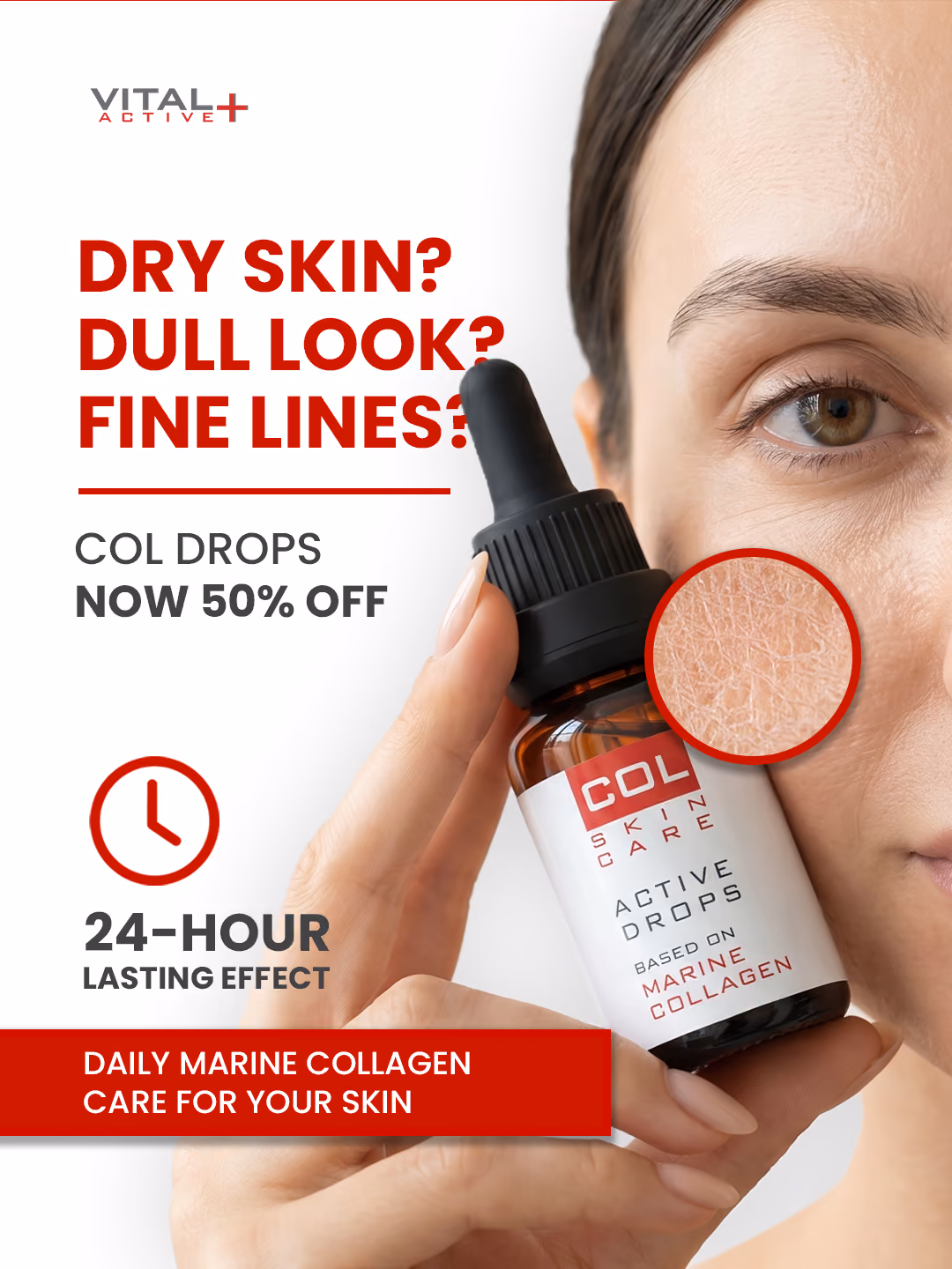 Close-up of woman holding COL Skin Care Active Drops bottle with zoom on dry skin texture.
