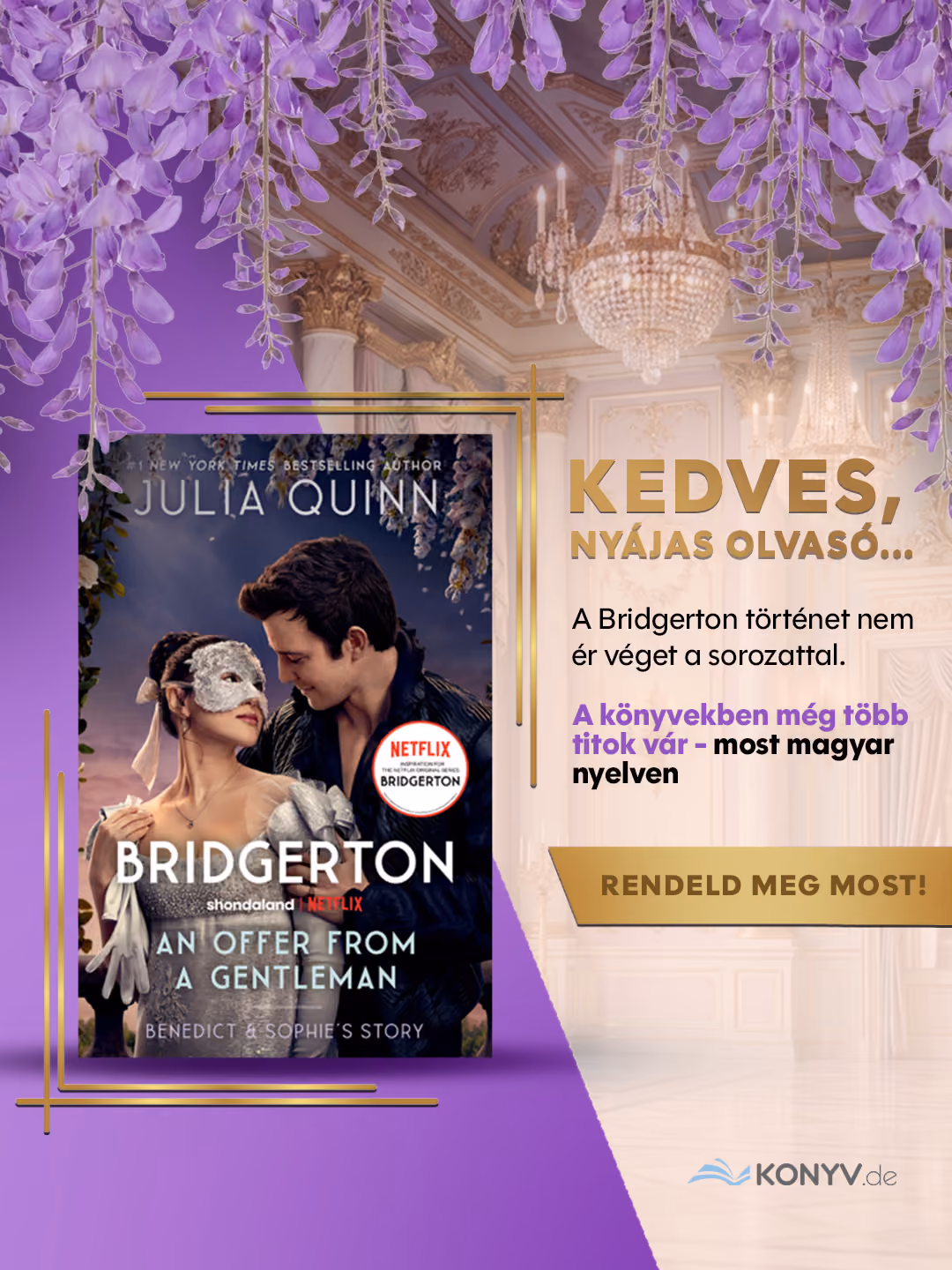 Bridgerton book cover with masked woman and man, promoting Hungarian edition and order call-to-action.