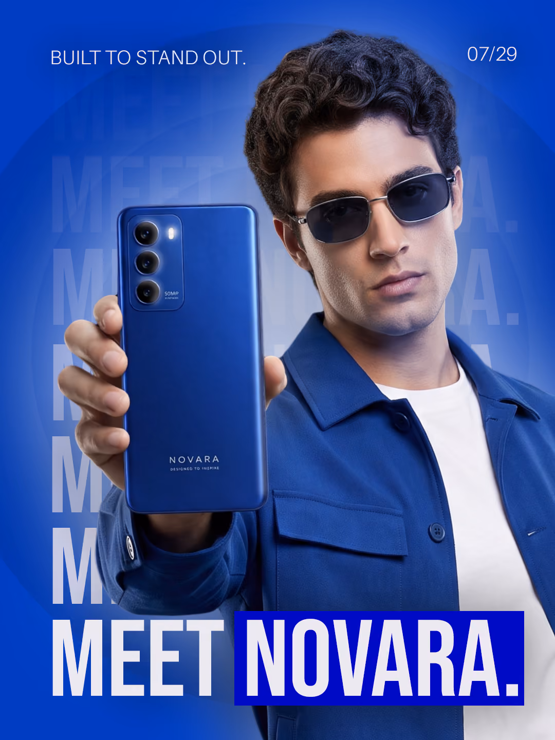 Man wearing sunglasses and blue jacket holding blue Novara smartphone with triple cameras.