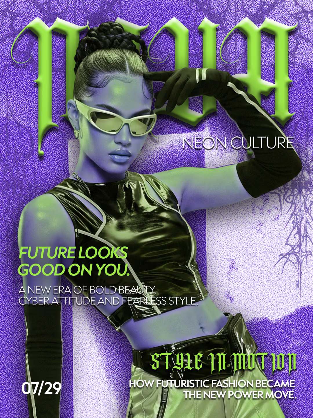 Woman in shiny black crop top and gloves with braided hair and neon sunglasses on purple background.