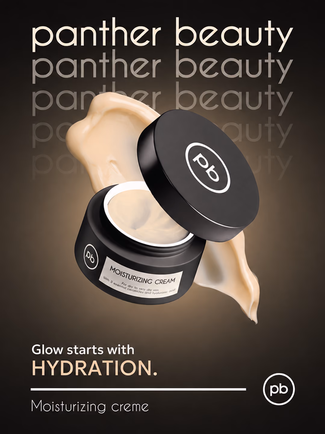 Open jar of Panther Beauty moisturizing cream with cream smear and text about hydration and glow.