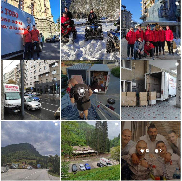 9 slika sa instagram profila. 1. slika pokazuje dva radnika za selidbe ispred kombija za selidbe. Druga slika pokazuje kako se radnici eđusobno druže na odmoru i kako se provode na planini vozeći kvadove po snegu. Treća slika pokazuje ekipu od 8 radnika za vlasnik koji se slikaju na Zlatiboru.četvrta slika pokazuje kombi za selidbe na ulici. Peta slika pokazuje kako dva adnika iznose komad nameštaja niz stepenice spremni da ga ubace u kombi.Šesta slika pokazuje veliki broj kutija ispred kamiona za selidbe.Sedma slika pokazuje put nede u Srbiji i zeleno brdo u pozadini. Sedma slika pokazuje kombi za selidbe parkiran na parkingu ispred odmorišta negde na putu u Srbiji.Deveta slika pokazje 5 momaka, drugara, zaposlenih u El Toro slikanih na zajedničkom slavlju.