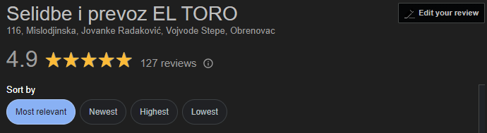 Screenshot google recenzije za Agenciju za selidbe El Toro