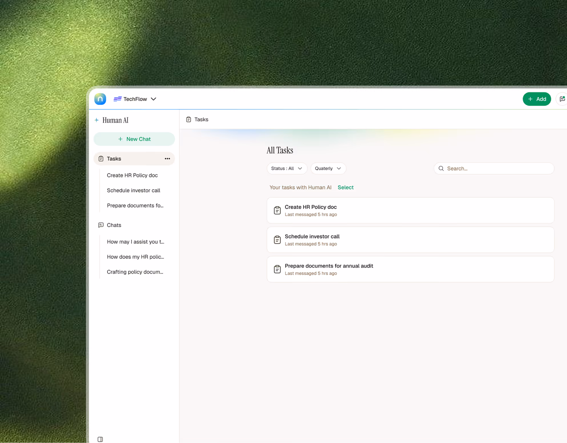 Screen interface of Human AI task management showing a list of tasks including Create HR Policy doc, Schedule investor call, and Prepare documents for annual audit.