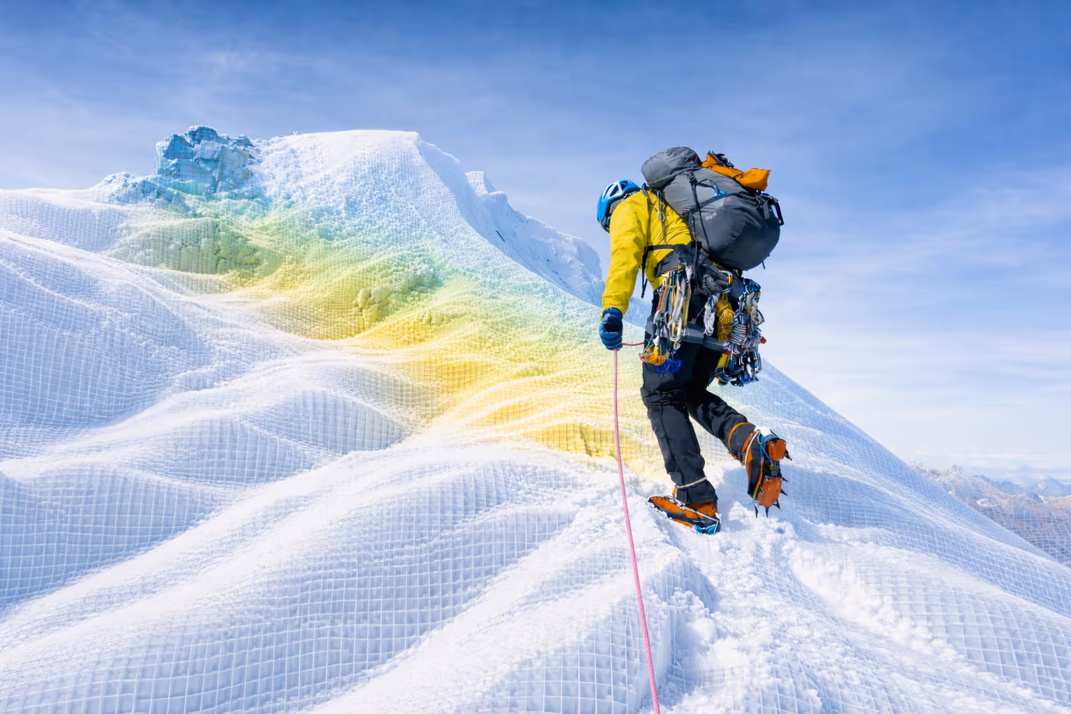 Climber in yellow jacket with gear ascending a snow-covered mountain under a clear blue sky.