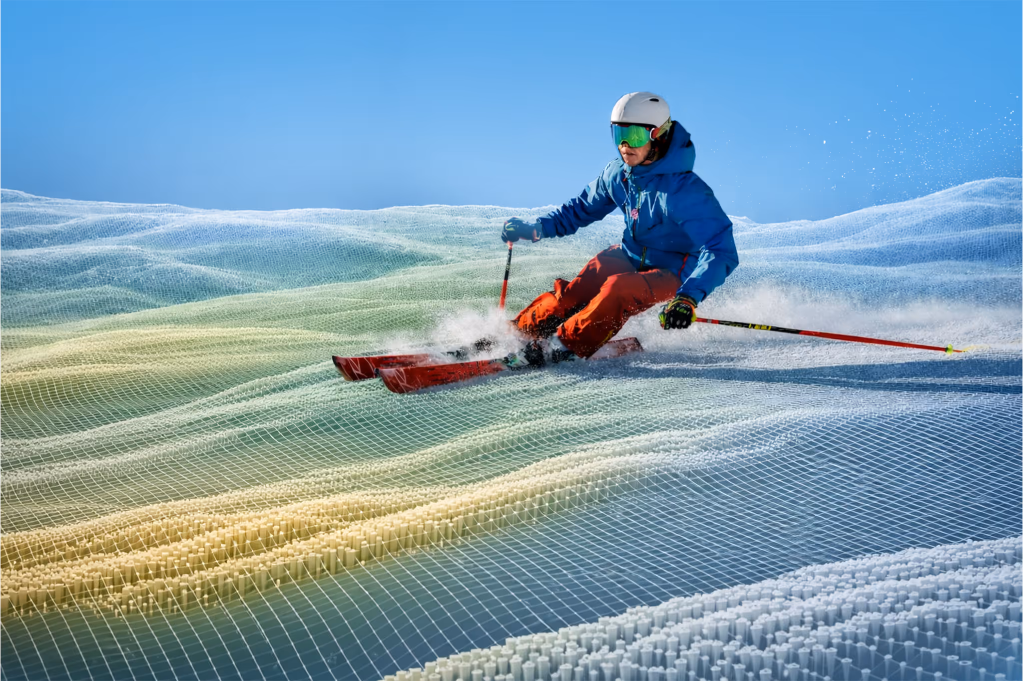 Skier in blue jacket and red pants skiing on a digital grid overlay representing snow terrain scanning.