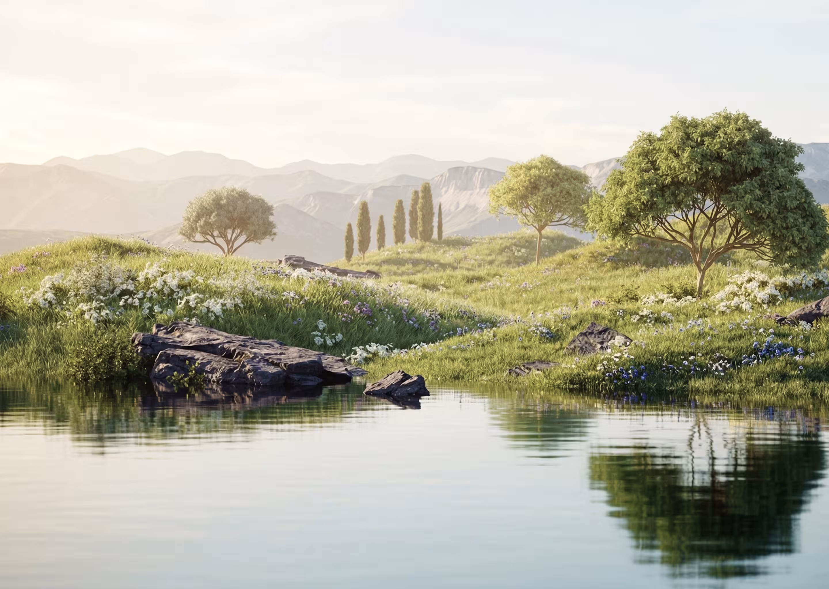 Peaceful lake reflecting green trees and wildflowers on grassy hills with mountains in the background under a soft sky.