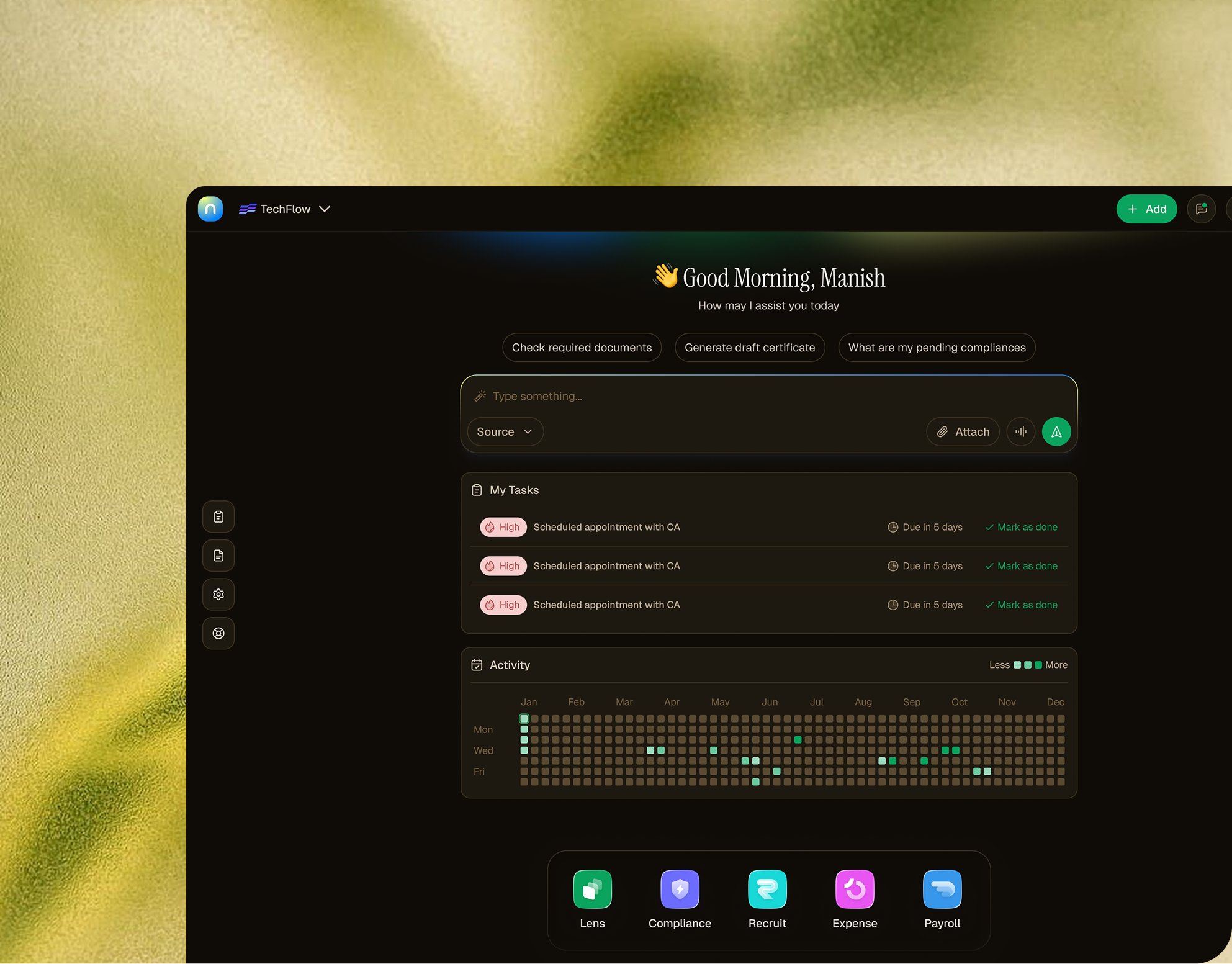Dark mode dashboard interface greeting user Manish with options for document checking, certificate generation, and compliance status, showing high-priority tasks and a monthly activity calendar.