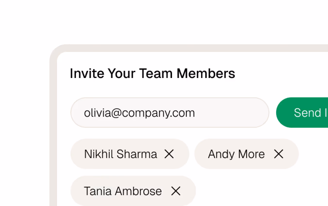 User interface to invite team members showing an email input field with olivia@company.com and tags for Nikhil Sharma, Andy More, and Tania Ambrose, each with a remove option.