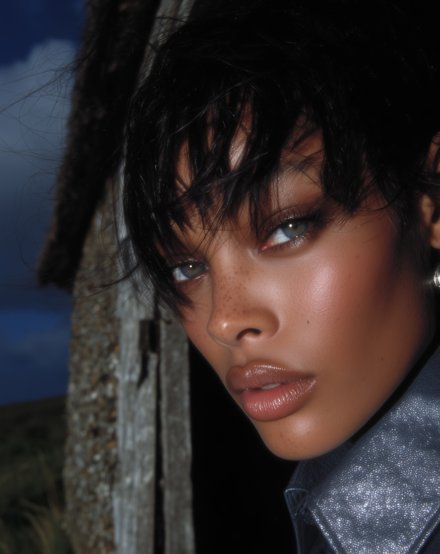 Close-up of a young woman with freckles, dark hair, and glossy lips wearing a shiny jacket, looking at the camera.