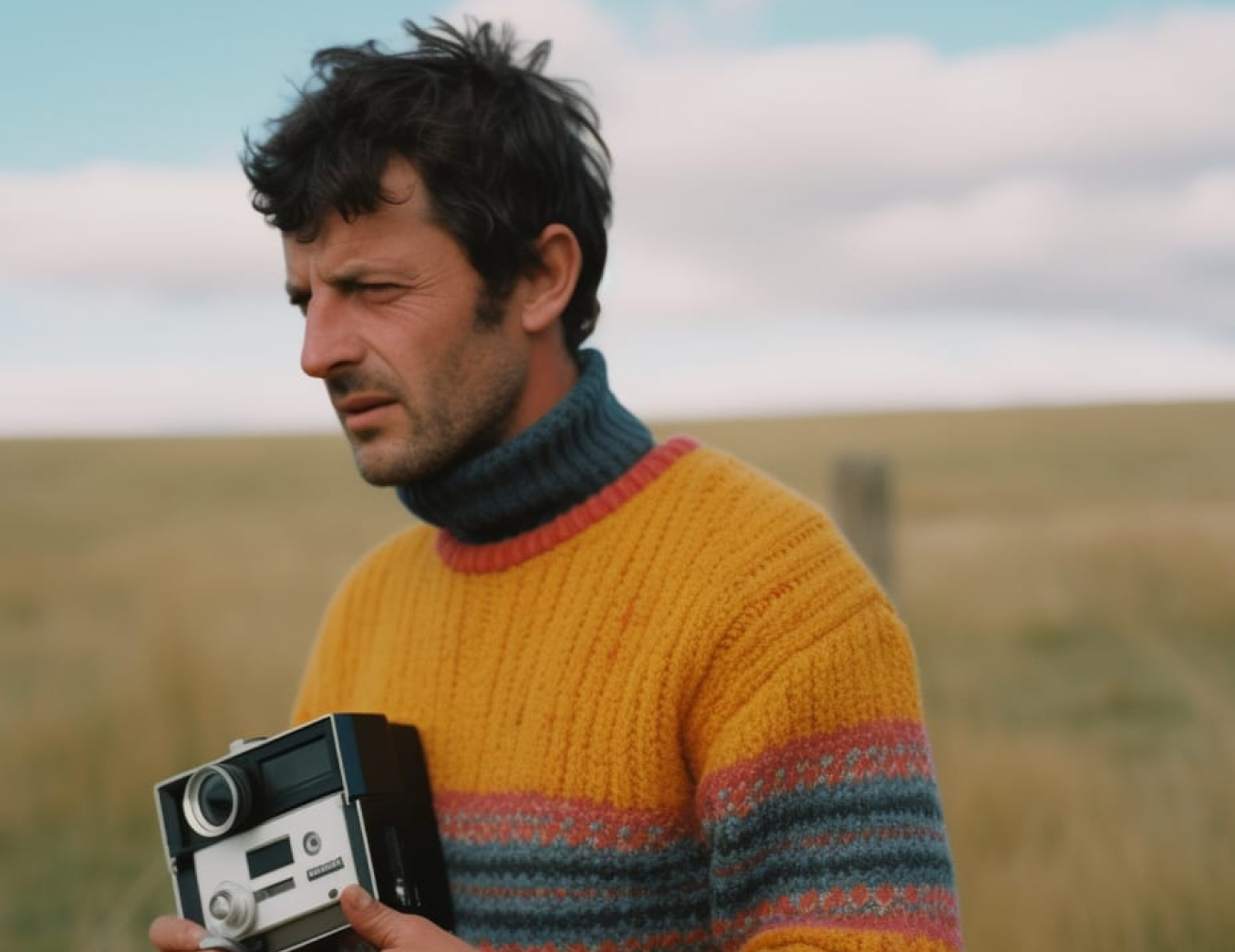 Man in a yellow, blue, and red striped sweater holding a vintage camera outdoors in a grassy field.