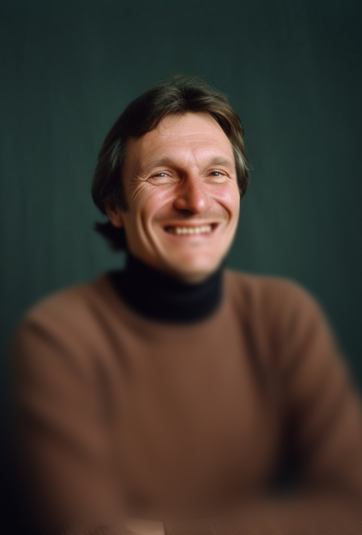 Smiling middle-aged man with brown hair wearing a brown sweater and black turtleneck against a dark background.