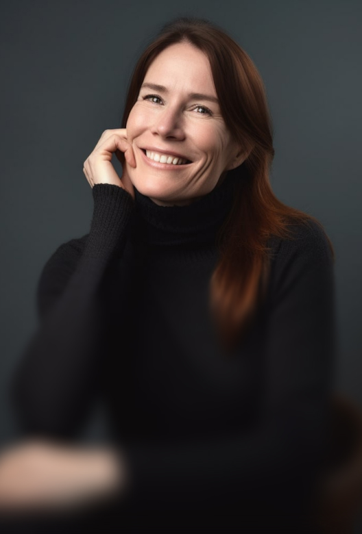 Smiling woman with long brown hair wearing a black turtleneck sweater against a dark gray background.