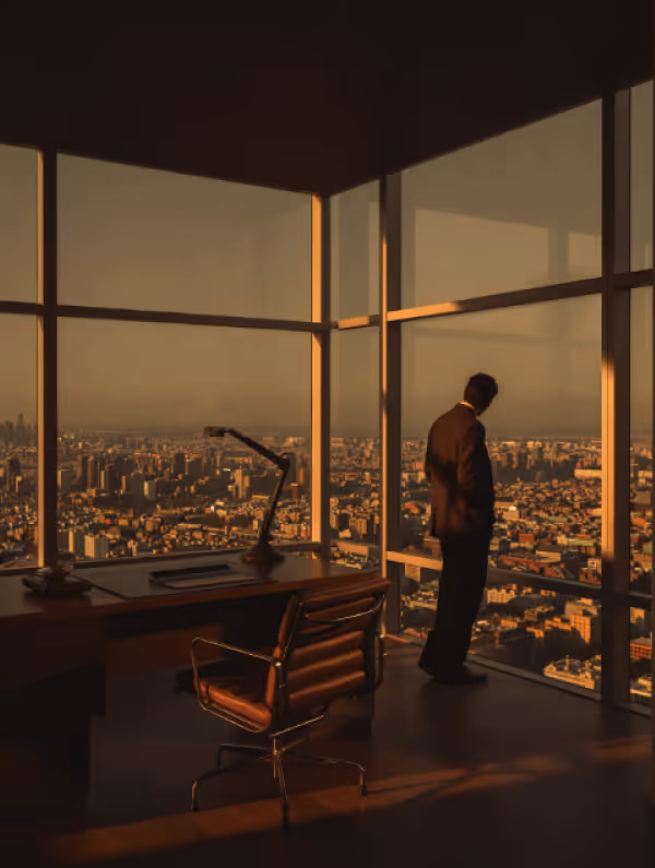 Man in a suit standing by a large office window overlooking a cityscape at sunset.