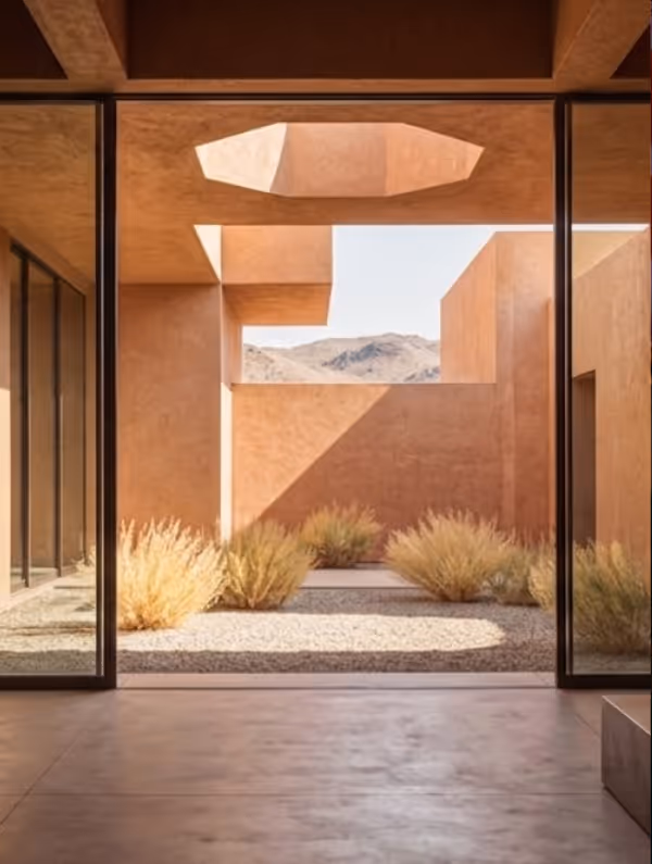 Modern courtyard with terracotta walls, desert plants, and a geometric skylight, framed by large glass doors.