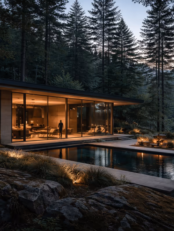 Modern glass-walled house lit warmly at dusk with a swimming pool outside, surrounded by tall pine trees and rocks.