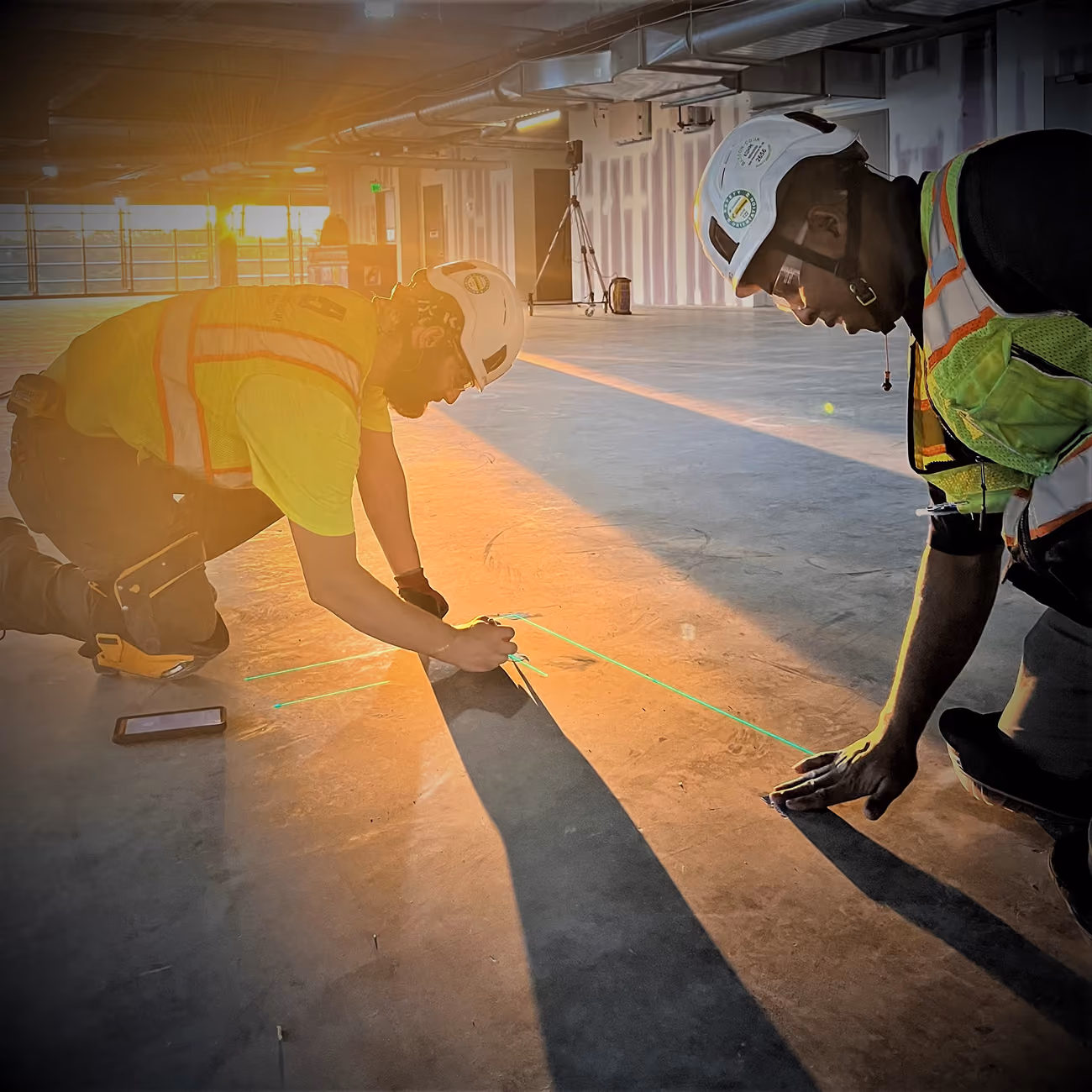 Two construction workers wearing helmets and vests kneel on concrete floor marking green laser lines.