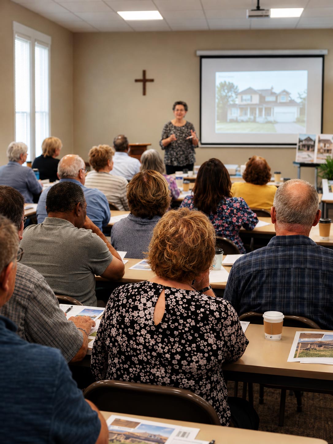 A classroom with participants learning from speaker, Sherry Harbur, real estate agent.