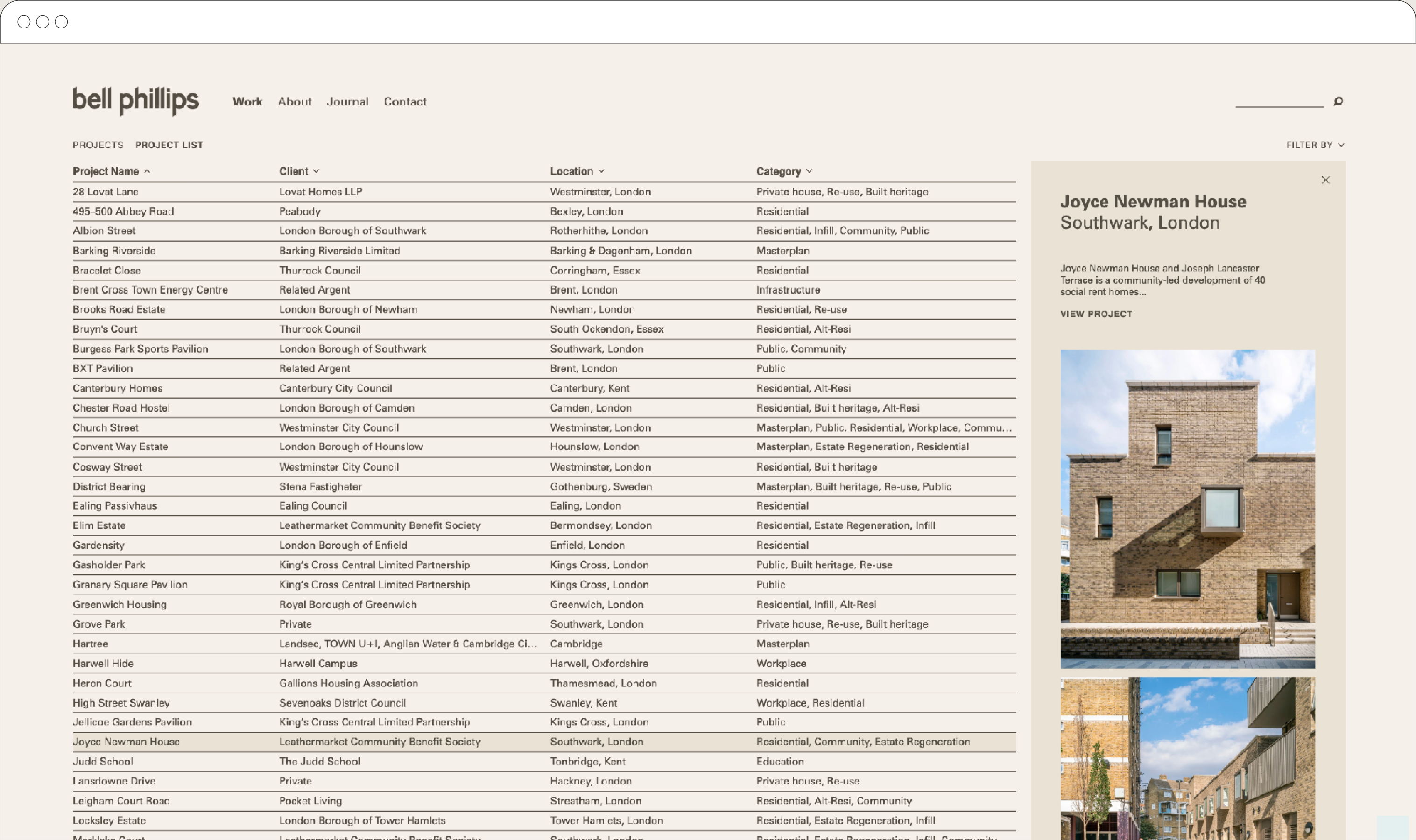 Bell Phillips Architects website — full homepage desktop layout