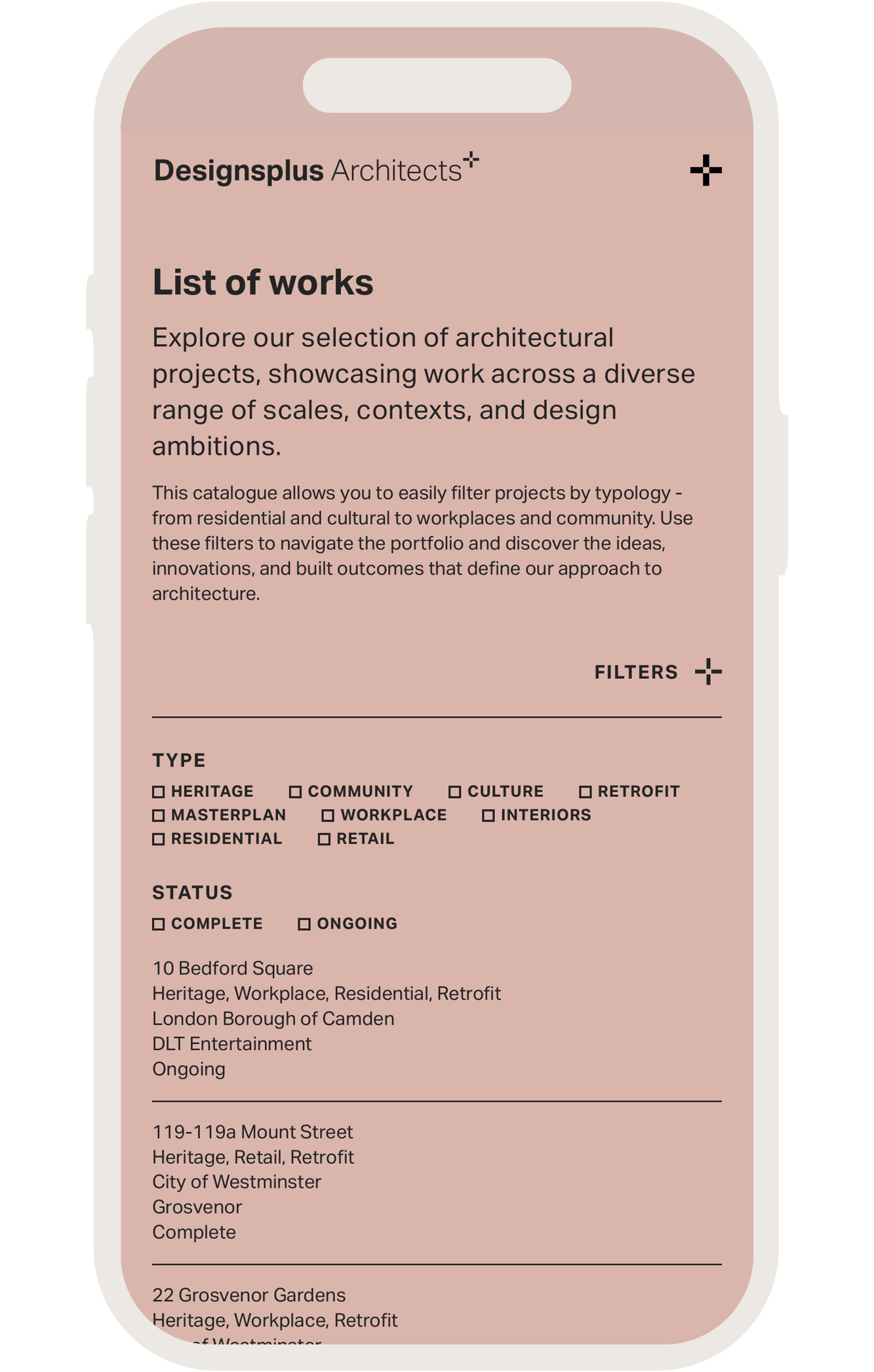 Designsplus Architects website — mobile project view