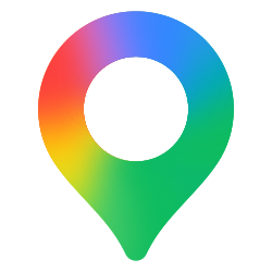 Colorful map pin icon with a gradient from red, blue, to green on black background.