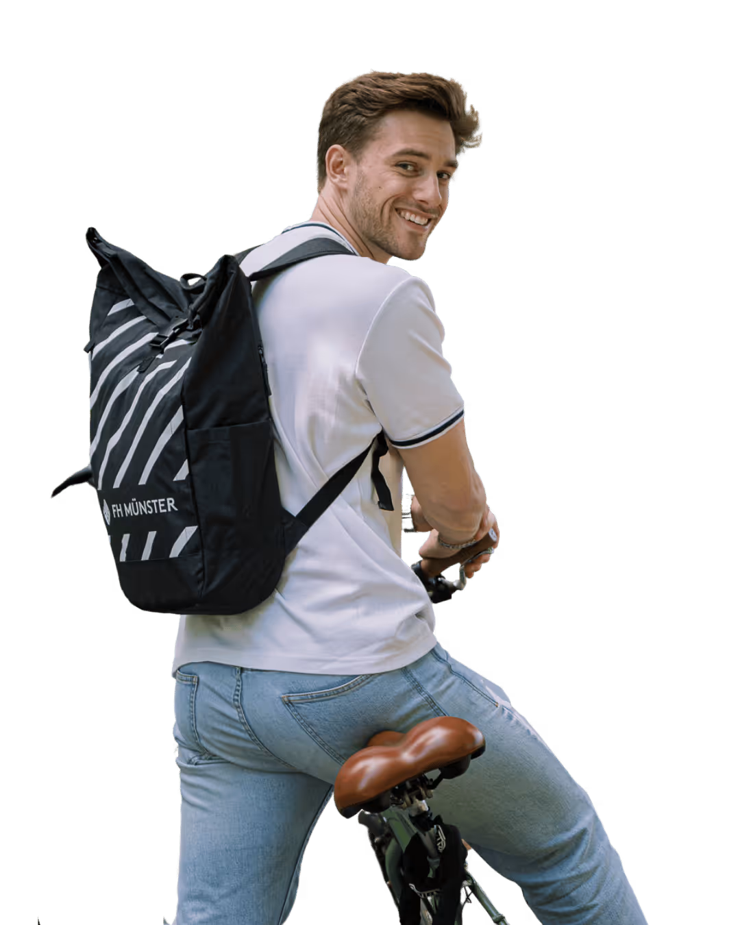 IMS student riding a bicycle in Münster with an FH Münster backpack, representing student life and mobility in the city.