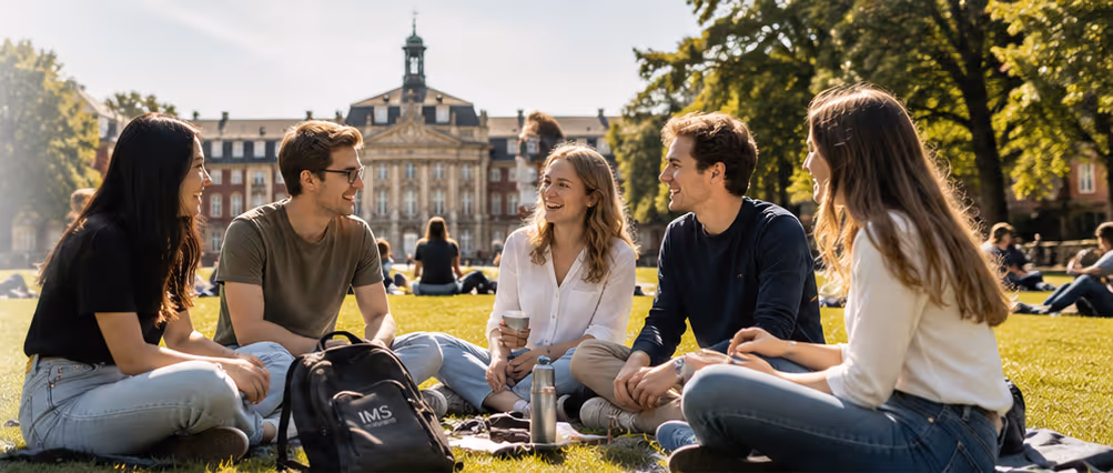 IMS graduates celebrating their graduation ceremony at FH Münster, holding certificates together outdoors.