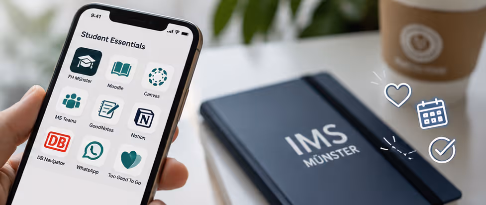 Smartphone displaying useful student apps alongside IMS study materials for students in Münster.