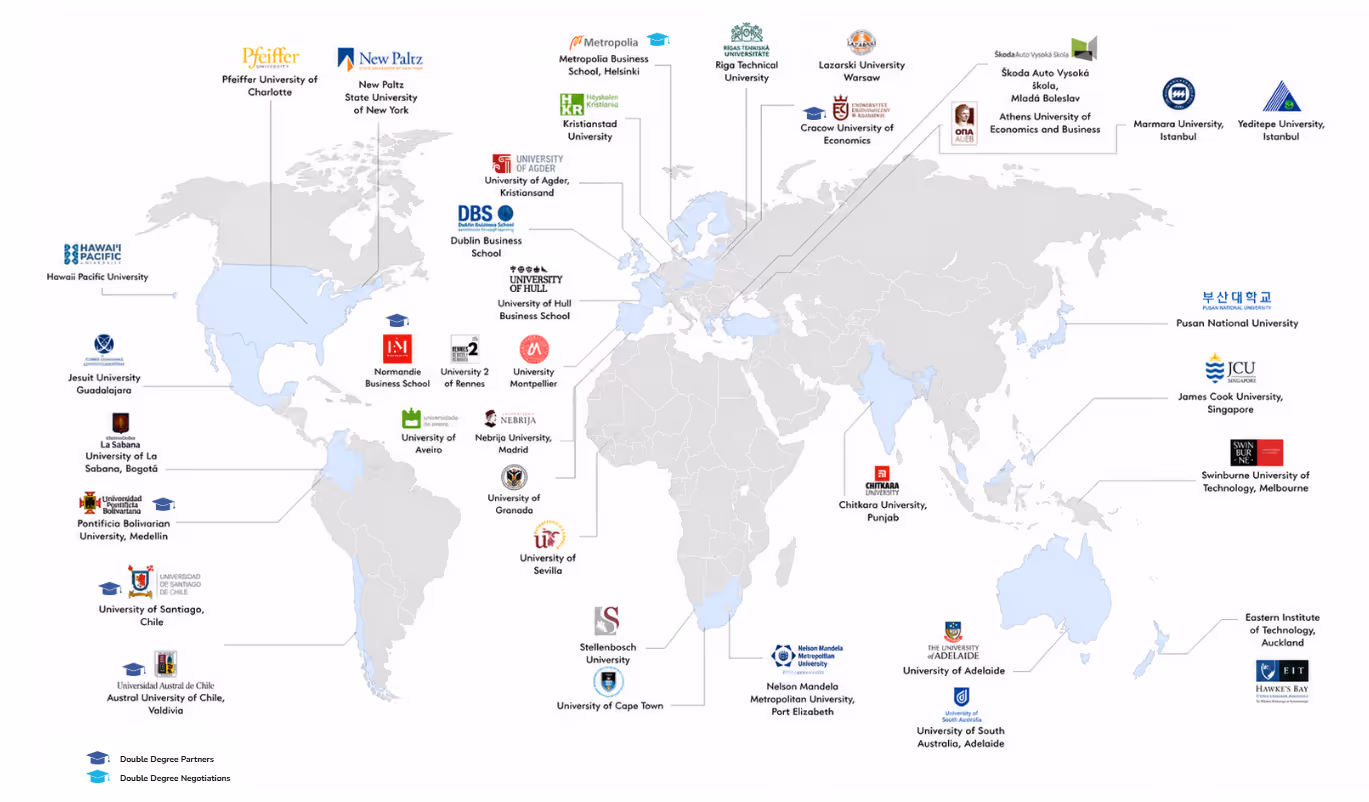 World map showcasing the international partner universities and study abroad opportunities available to IMS students at FH Münster.