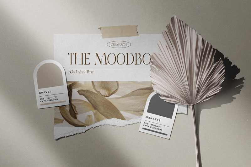 A teared photo and pantone colors on a beige surface with a dry flower.