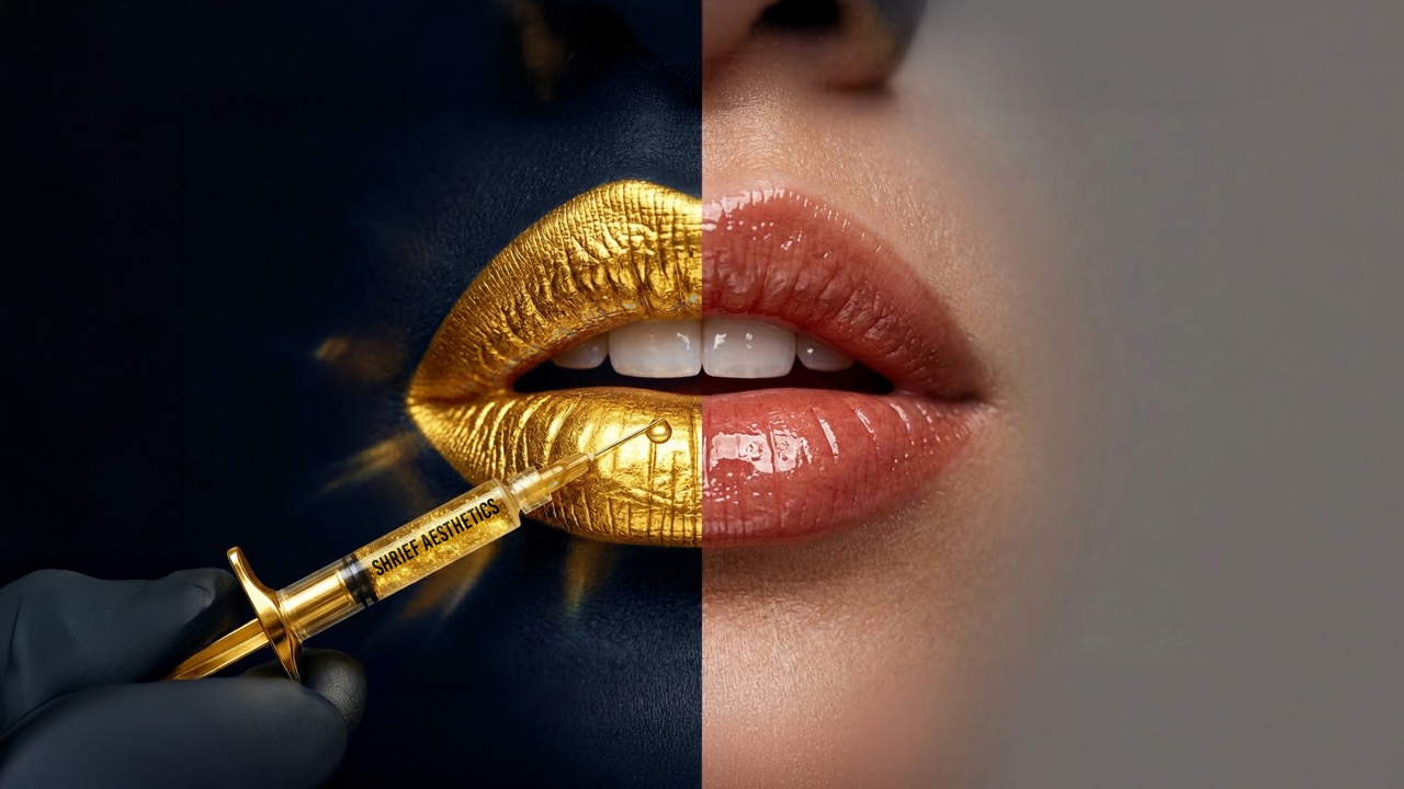 Stylized split medical illustration showing a branded Sharief Aesthetics syringe and gold lip on one side, transitioning to a healed, natural lip enhancement on the other, representing the day-by-day filler recovery and aftercare process.