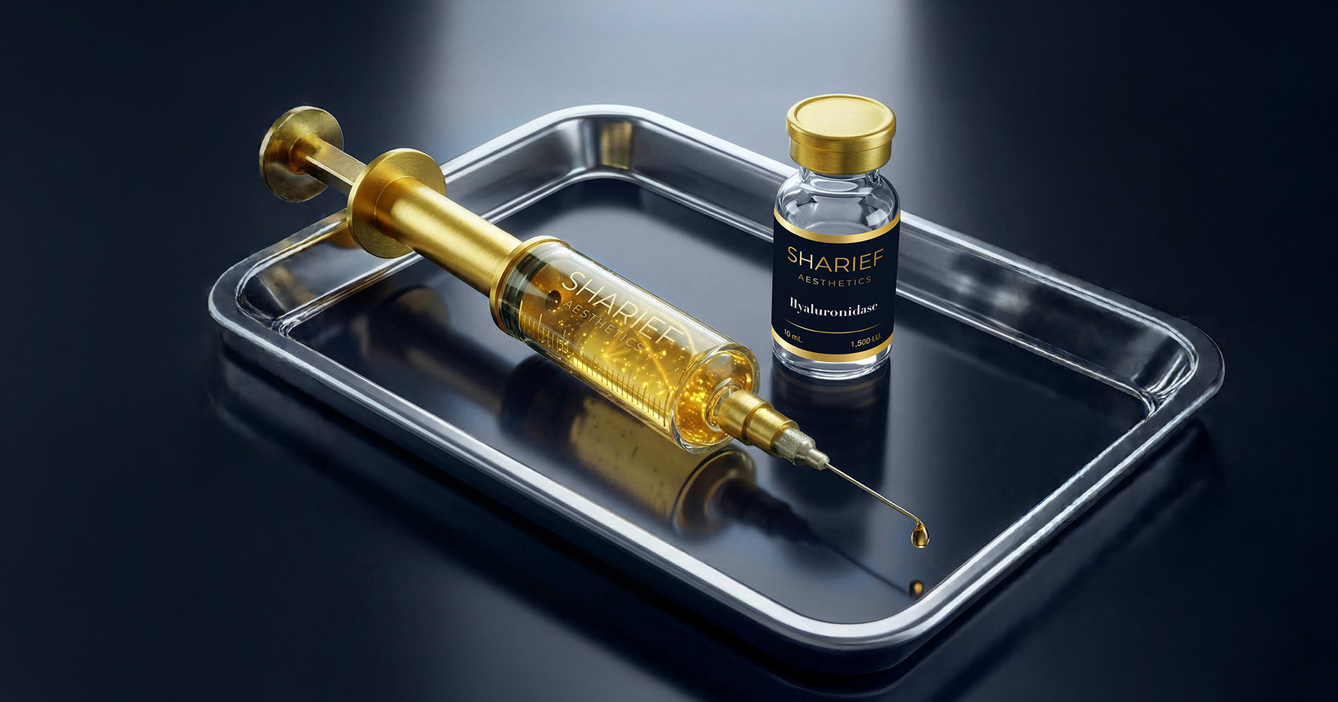A vial of Hyaluronidase enzyme and a syringe on a gold tray, highlighting the strict medical safety protocols for dissolving dermal fillers at Sharief Aesthetics.