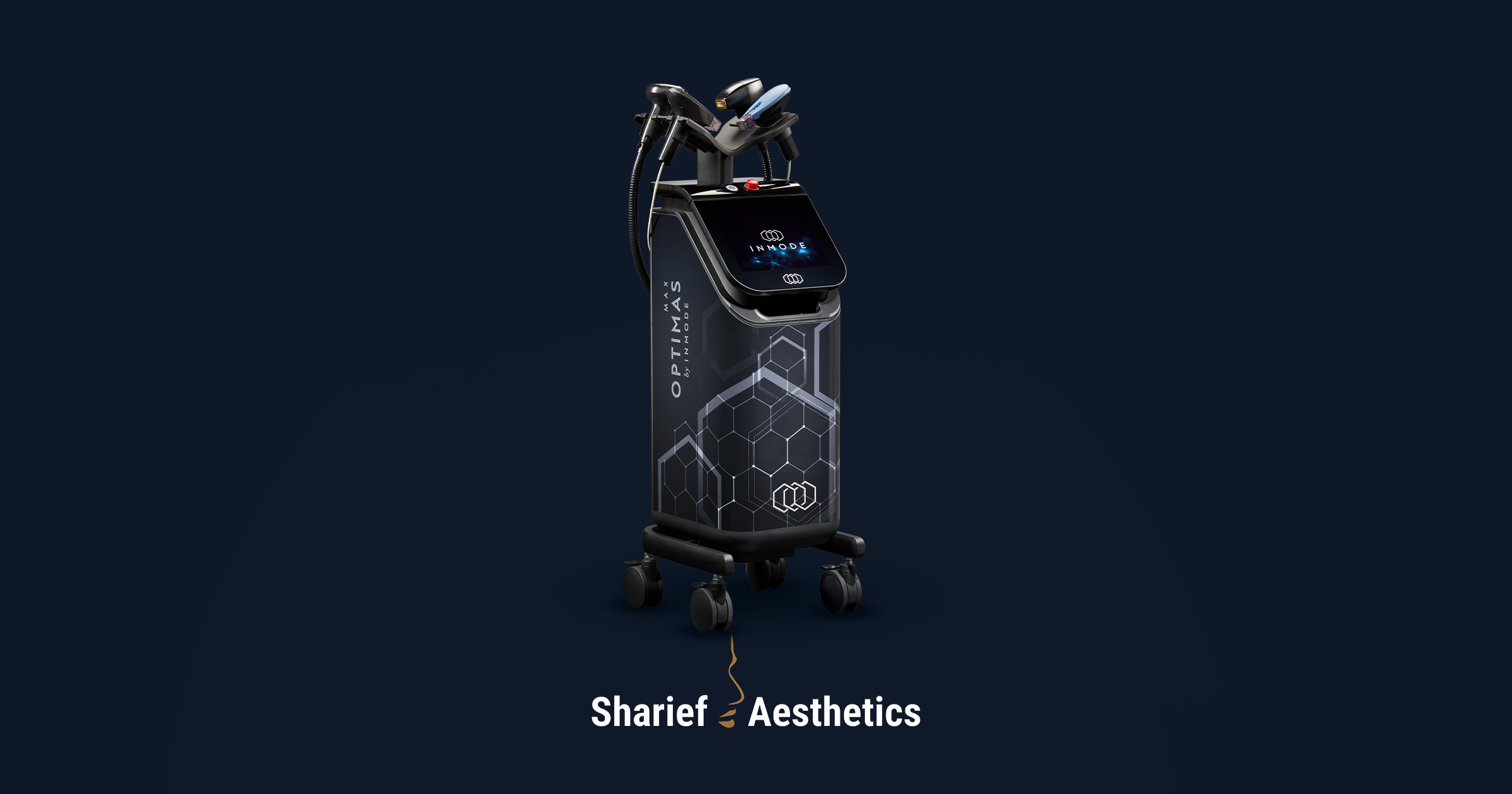 Premium 3D rendering of the advanced InMode Optimas MAX workstation at Sharief Aesthetics in Halifax, integrating Lumecca Peak, Fusion, and Vasculaze MAX technologies for comprehensive light-based skin treatments