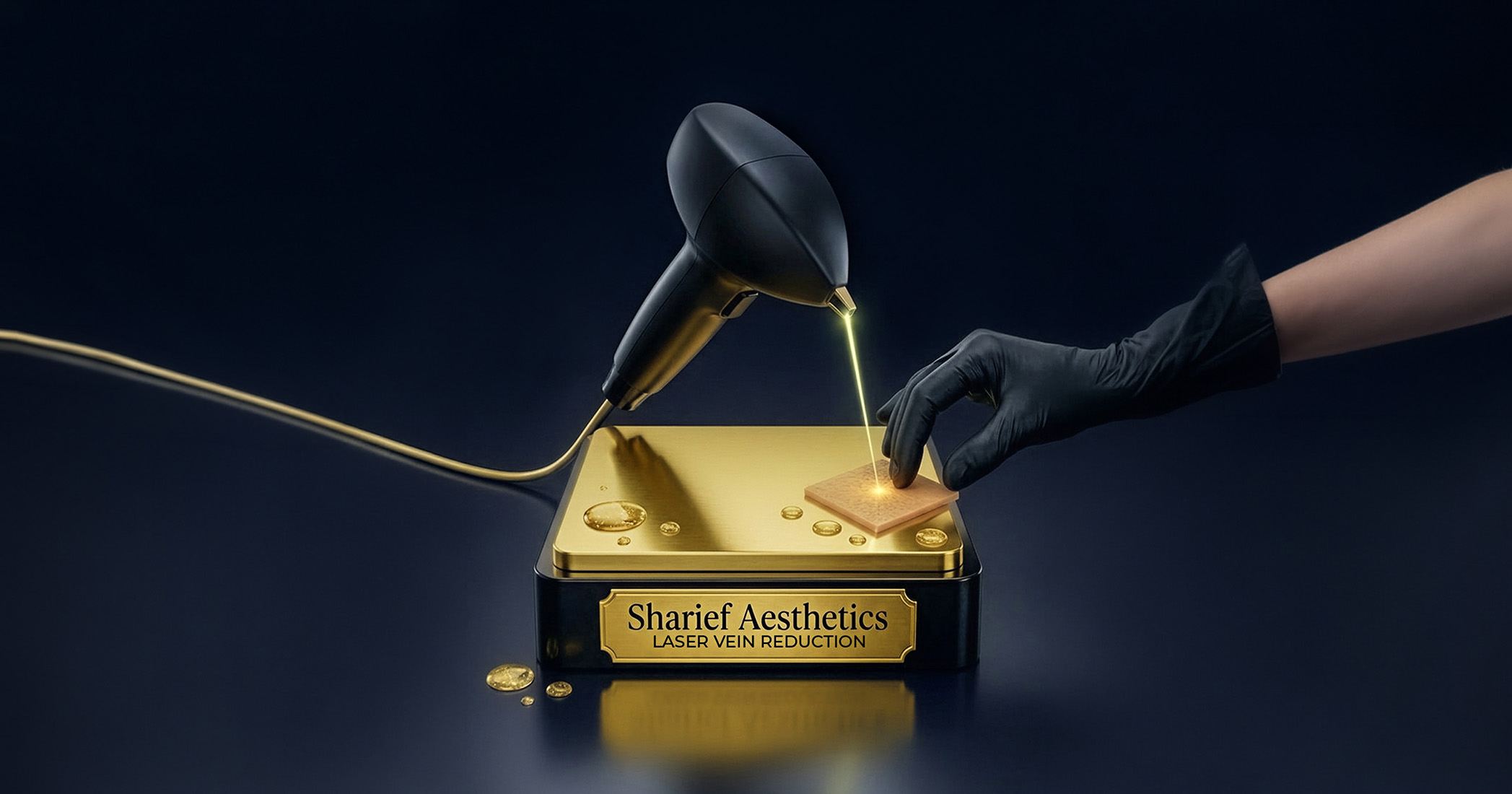 Premium 3D clinical illustration of a provider using a Vasculaze laser handpiece on a gold Sharief Aesthetics block, representing advanced laser treatments for spider and reticular veins