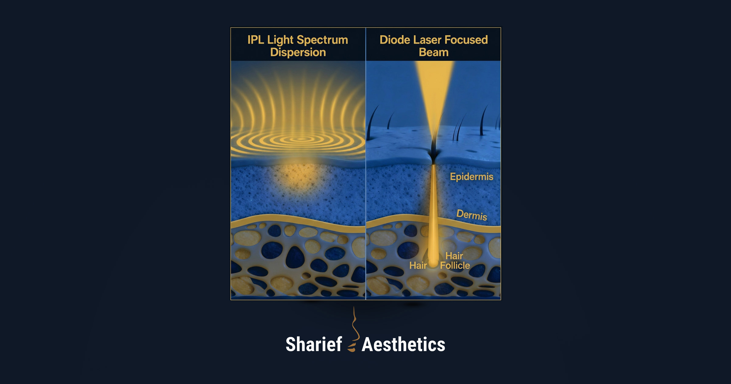 Medical illustration comparing the scattered light spectrum dispersion of IPL technology in the upper skin layers against the focused, deep-penetrating beam of a Diode laser targeting the hair follicle