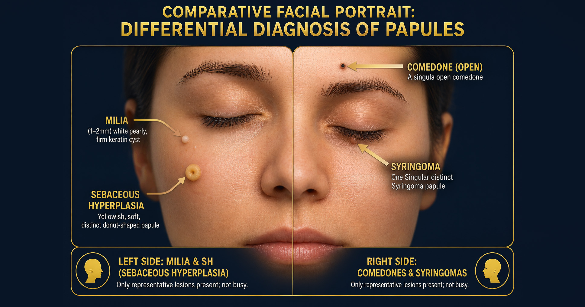 Comparative facial portrait showing the differential diagnosis of facial papules, highlighting milia, sebaceous hyperplasia, open comedones, and syringomas.