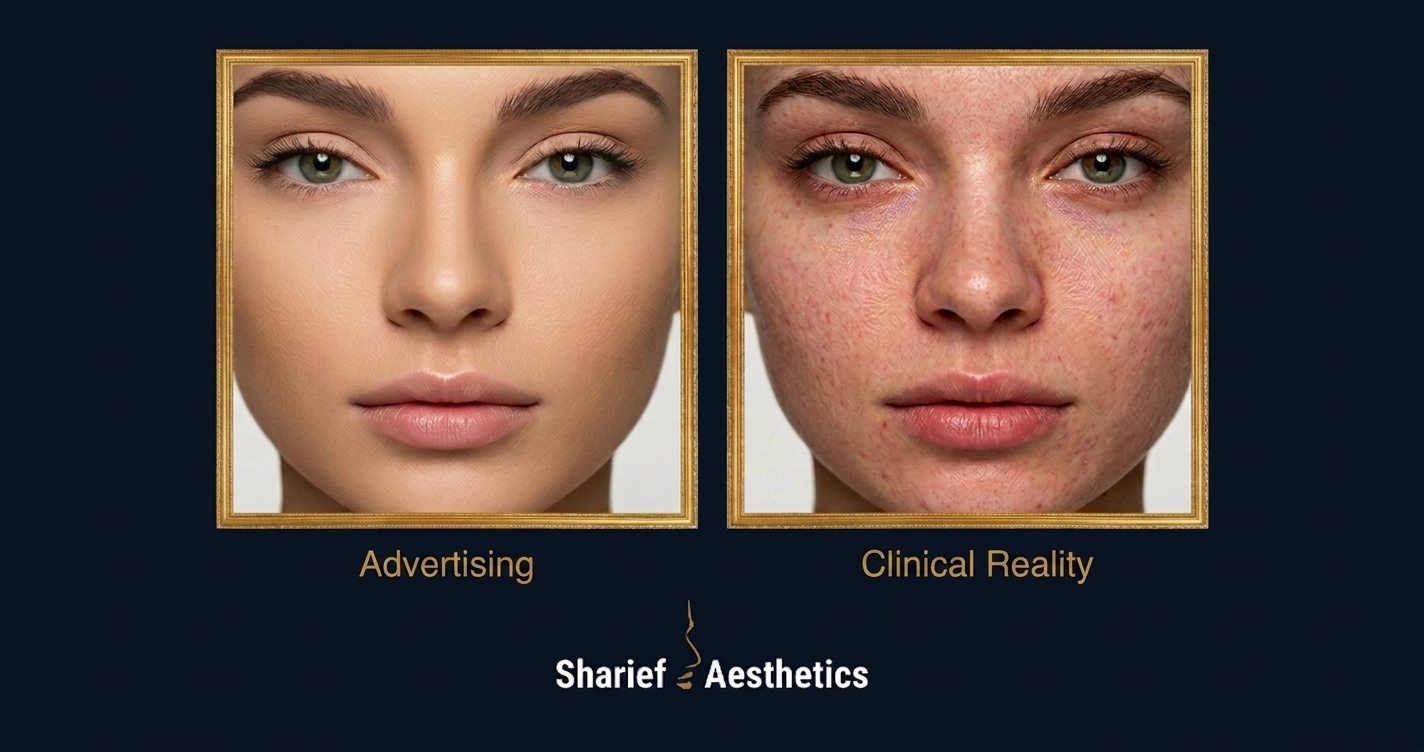 Split-screen macro portrait comparison titled 'Advertising' vs 'Clinical Reality' for Sharief Aesthetics in Halifax, contrasting a filtered commercial facade with authentic skin texture.