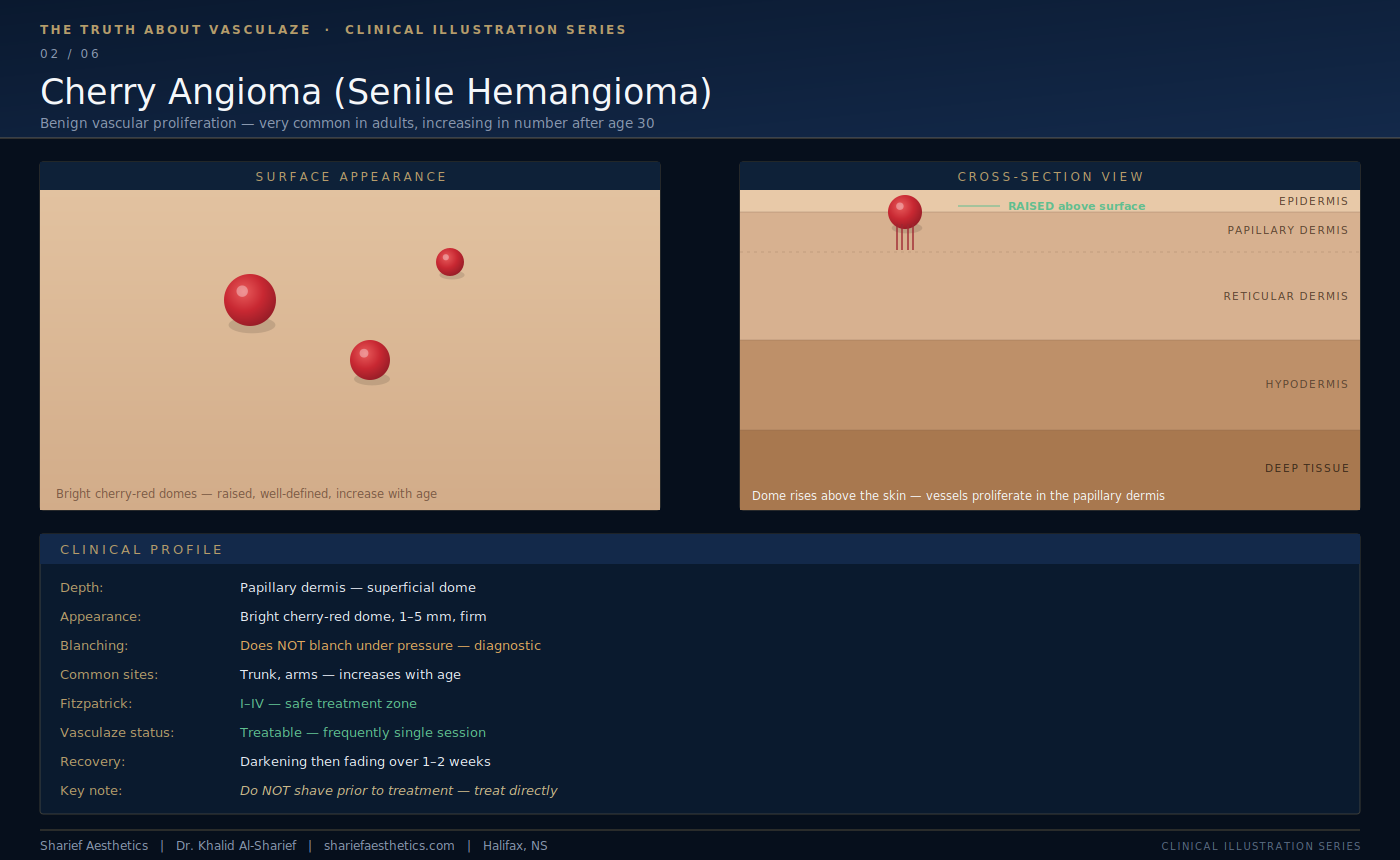 Clinical illustration of a cherry angioma, a raised superficial vascular dome on the skin