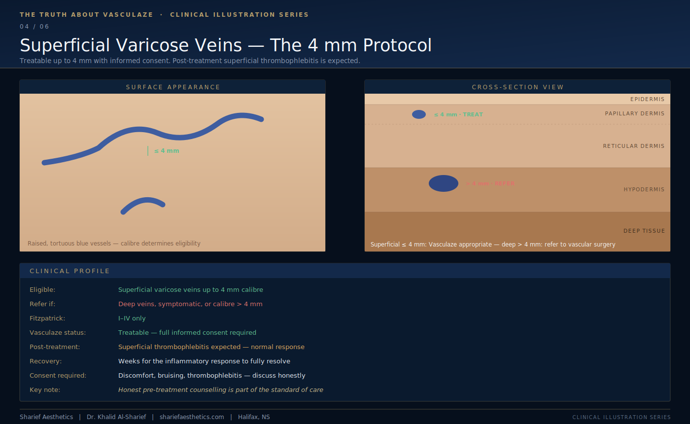 Diagram of the 4 mm protocol for superficial varicose veins, showing which veins are treated versus referred