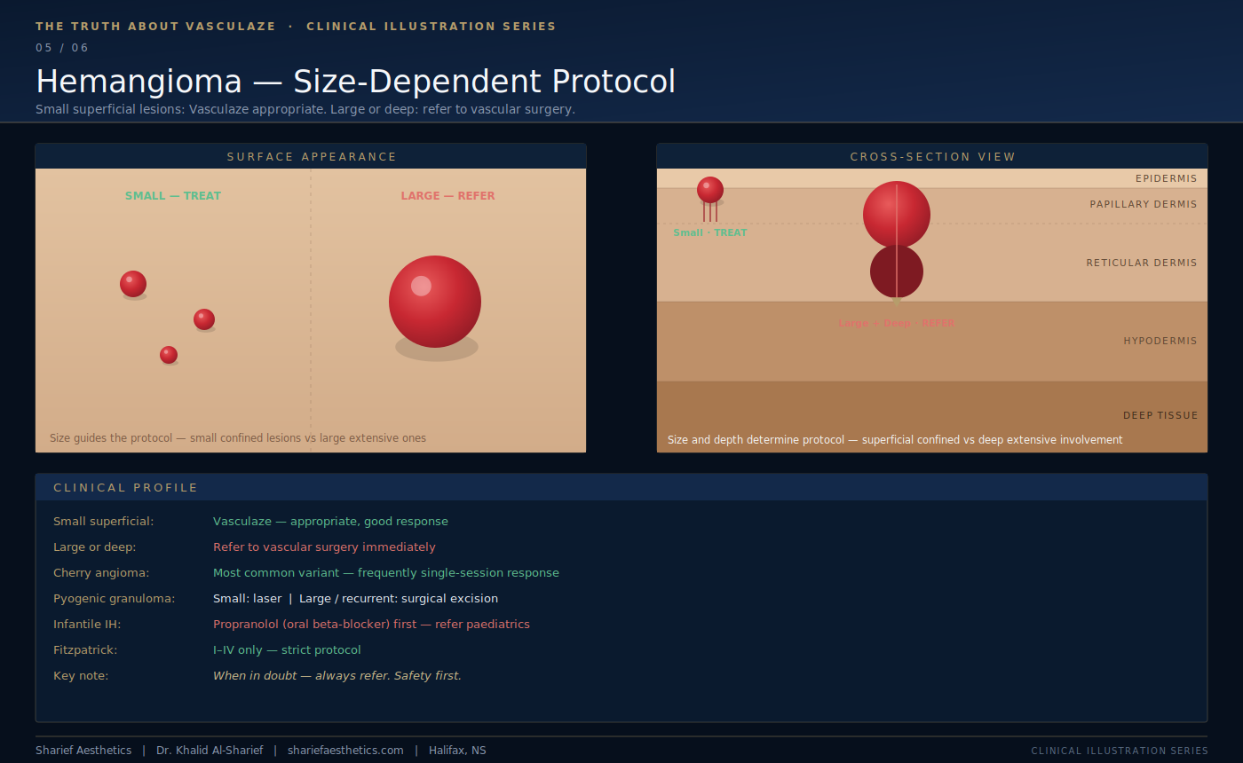 Size-dependent hemangioma protocol comparing small superficial lesions with large deep lesions