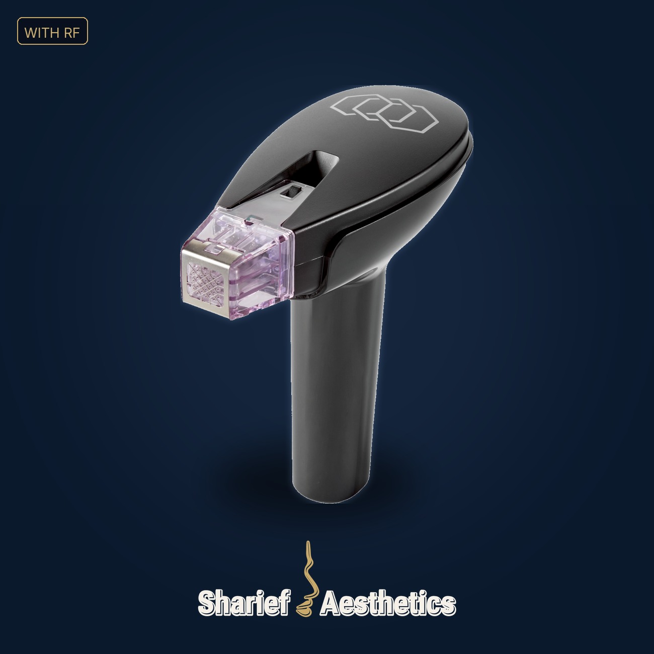 RF microneedling handpiece with a gold-pin tip delivering radiofrequency energy — the Morpheus8-style device at Sharief Aesthetics, Halifax