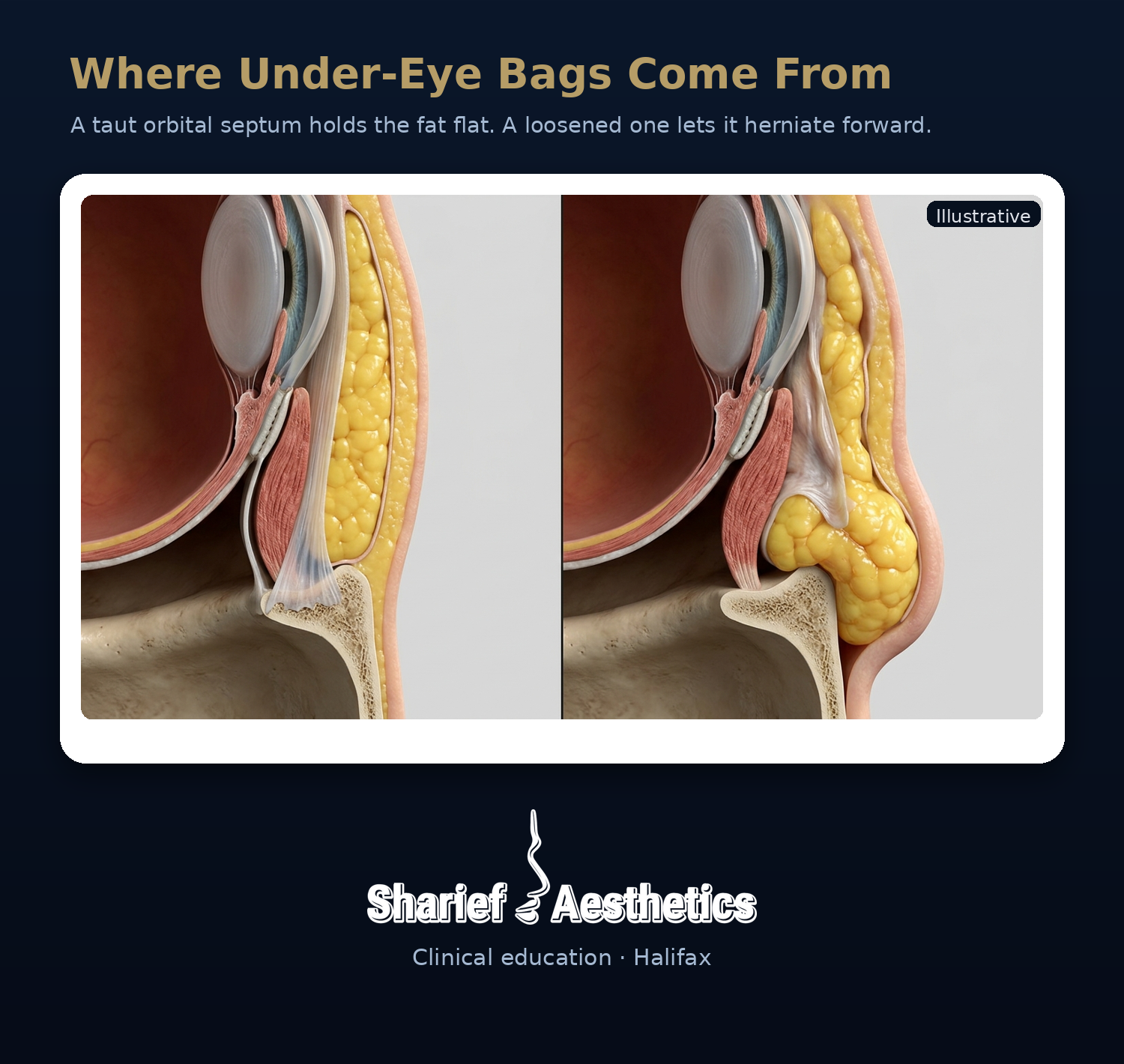 Normal orbital septum versus herniated fat that creates an under-eye bag