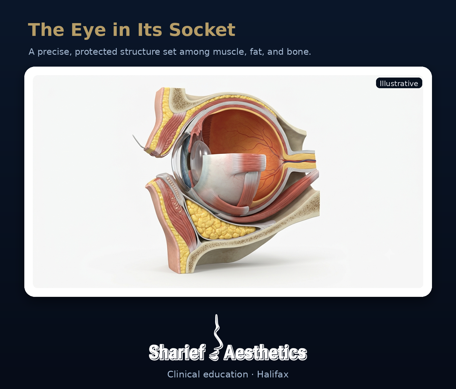 Anatomy of the eye in its socket, the structure behind under-eye bags