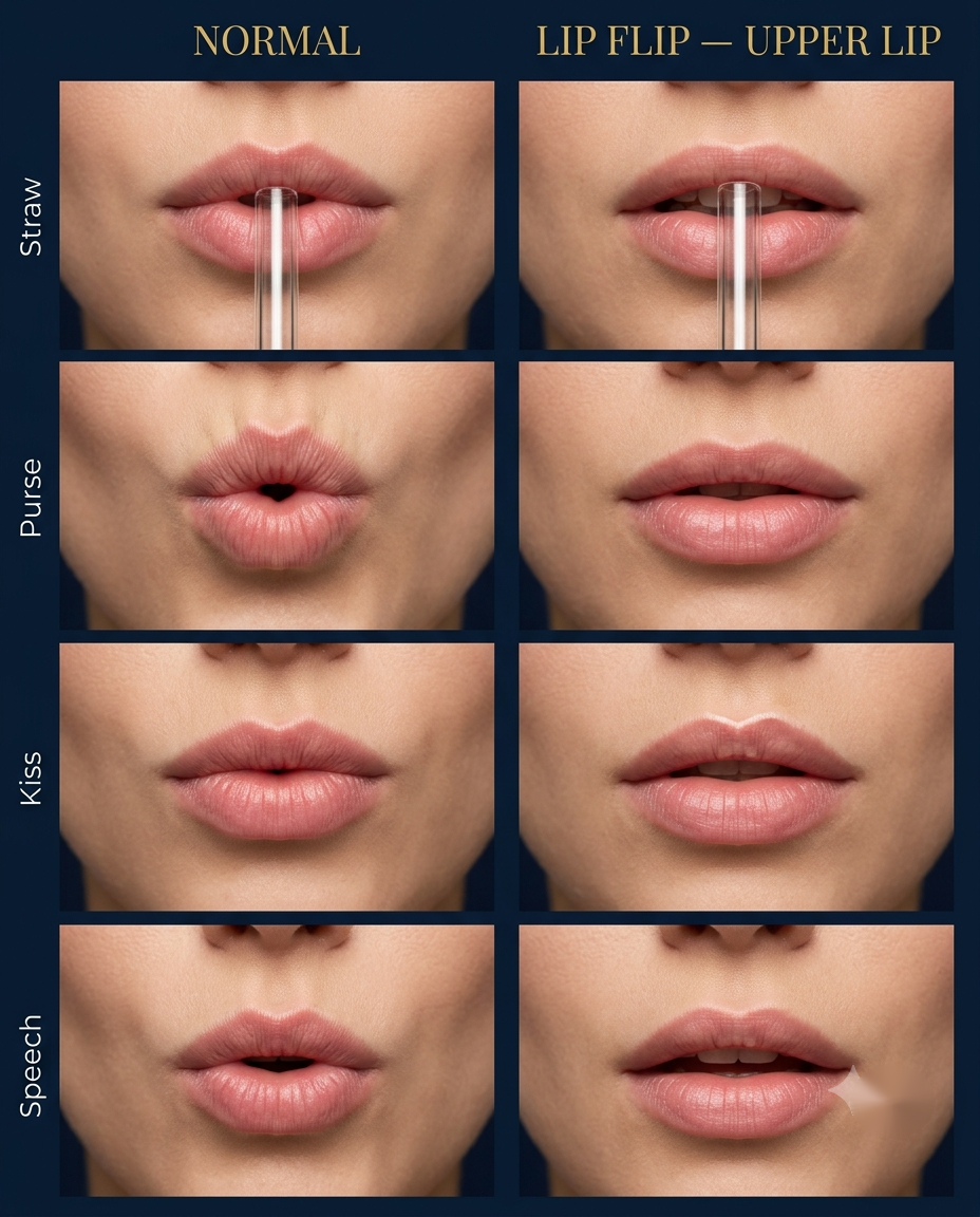 Lip flip before and after comparison, Halifax: normal lip function versus upper lip weakness after a Botox lip flip, Sharief Aesthetics