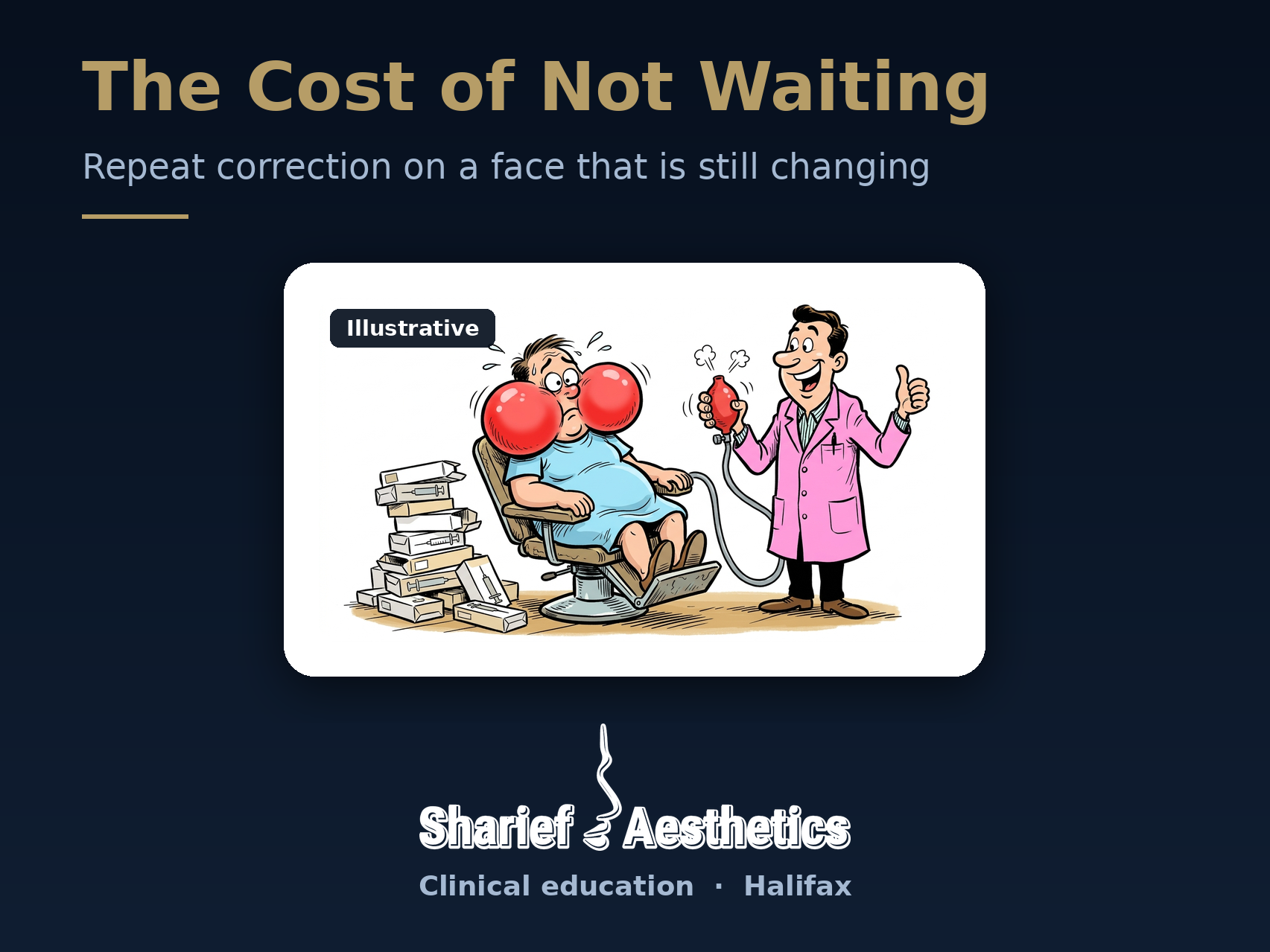 Cartoon of a patient with over-inflated cheeks beside a stack of empty syringe boxes while an injector keeps pumping, illustrating the accumulated filler that results from treating a face before weight has stabilized.