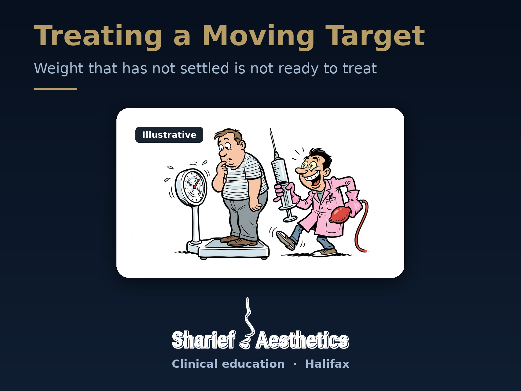 Cartoon of a patient standing on a bathroom scale with the needle still spinning while an injector waits impatiently with an oversized syringe, illustrating the risk of treating before weight has stabilized.