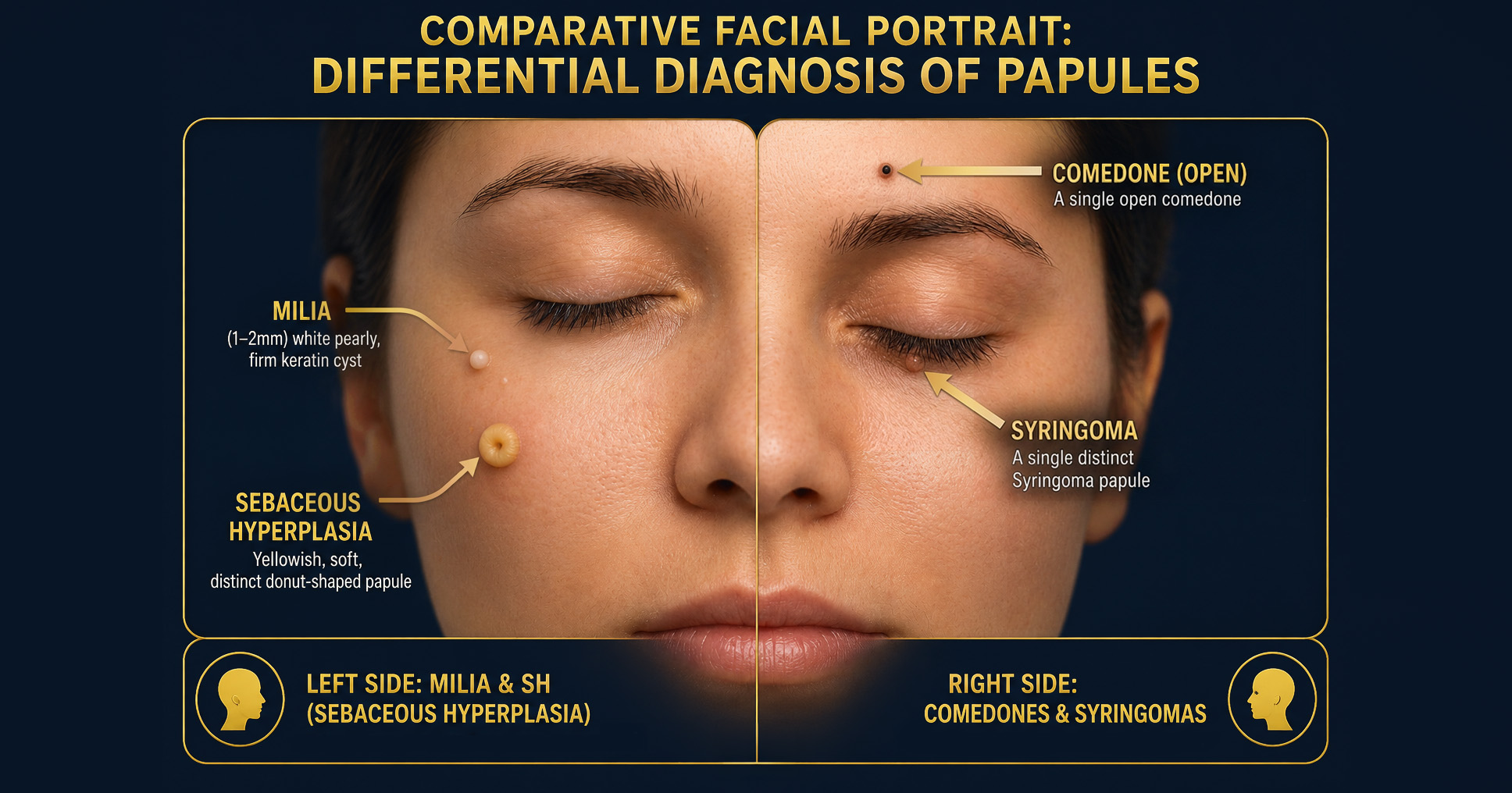 Comparative facial portrait showing the differential diagnosis of facial papules, highlighting milia, sebaceous hyperplasia, an open comedone and syringomas. Illustrative. Sharief Aesthetics, Halifax.