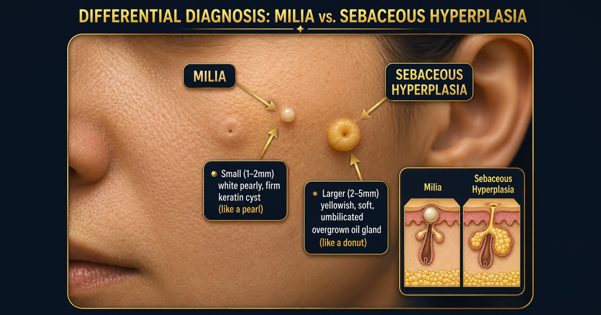 Close-up clinical comparison of a small pearly white milia cyst and a larger yellowish umbilicated sebaceous hyperplasia lesion on the cheek. Illustrative. Sharief Aesthetics, Halifax