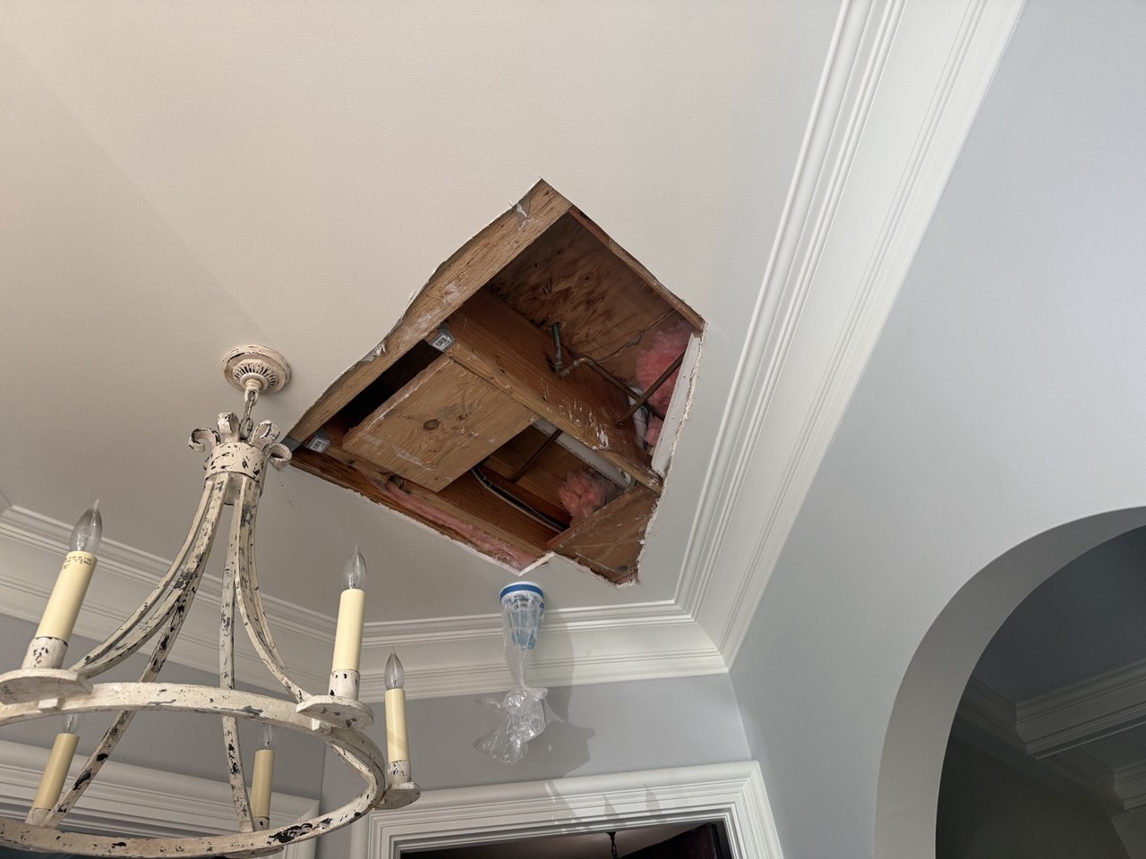 Water damaged ceiling with drywall removed before repair in Hinsdale IL